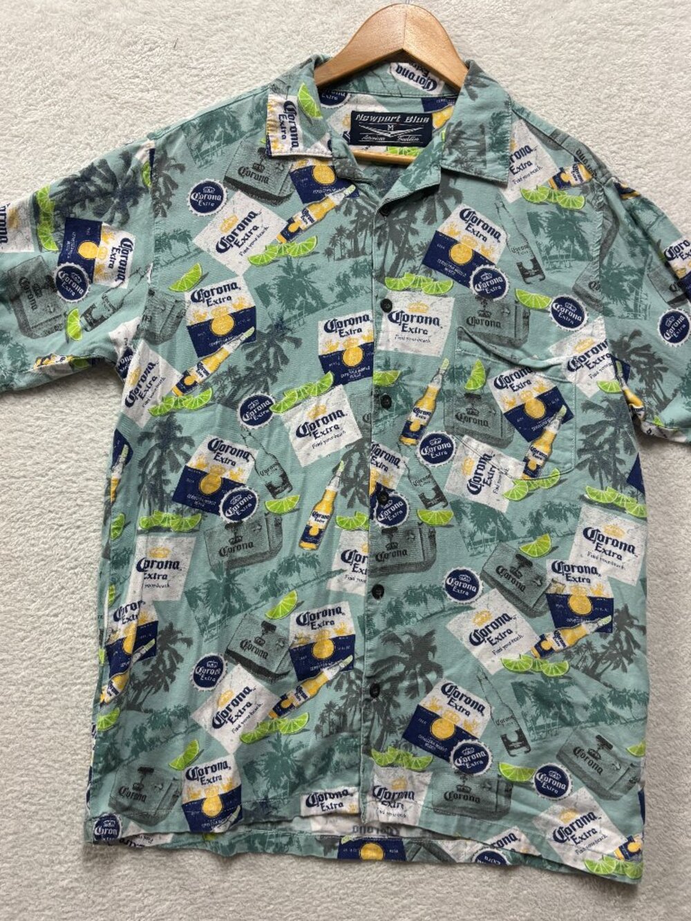 NewPort Blue Shirt Mens Corona Medium Blue Green Hawaiian Short Sleeve Summer,